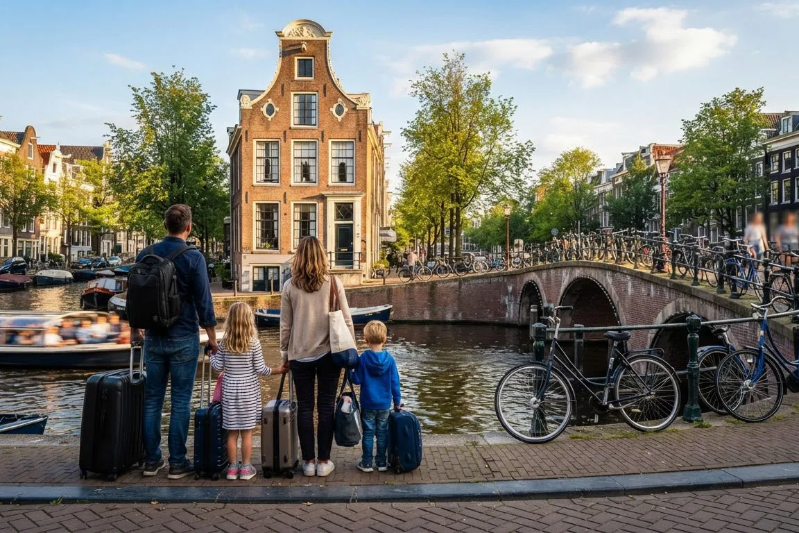 Family with suitcases arriving at a Dutch canal house after moving to the Netherlands from the US